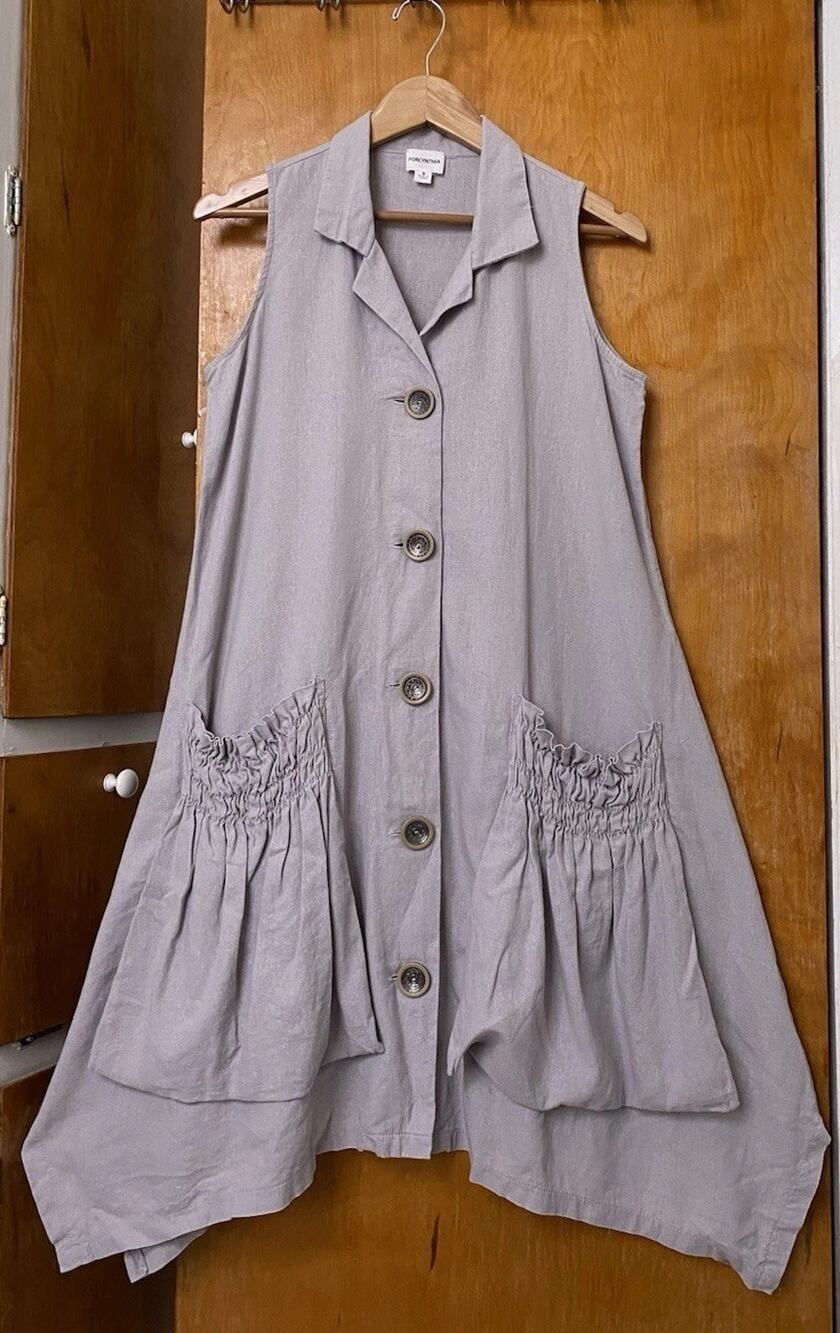 For Cynthia Linen Blend Shirt Dress gray Lagenlook Asymmetrical Pockets Sz S